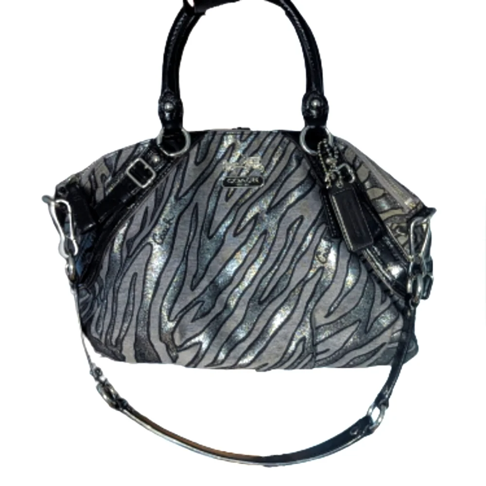 EUC Coach Madison silver zebra print canvas with black patent leather handles - Picture 1 of 13